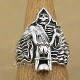 Bague Biker Squelette Démon en Moto (en Argent)