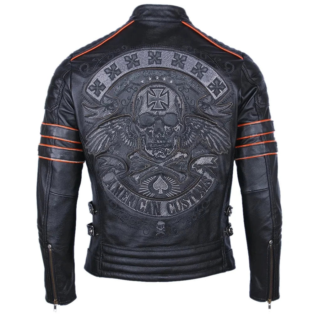 MDM Gilet De Motard En Cuir Véritable Homme Avec Tête De Mort - Style Custom Noir