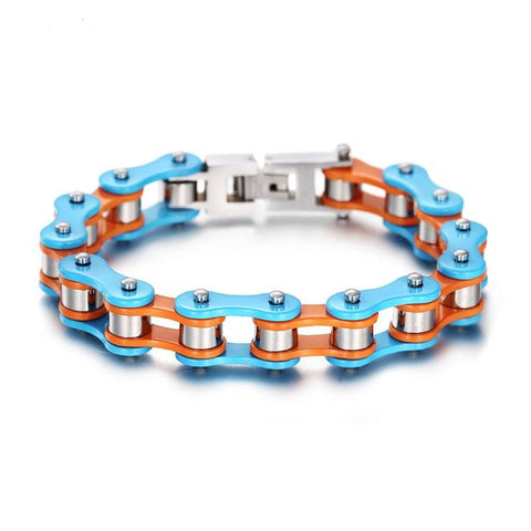 Bracelet Motard<br> Chaine de Moto en Acier<br> Bleu et Orange 24cm