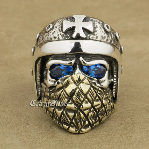 Bague Biker<br> Casqué aux Yeux Bleus<br> (en Argent) 15