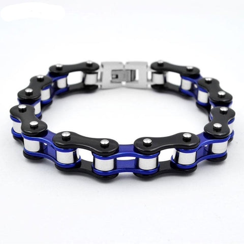 Bracelet Motard Chaine de Moto en Acier Noir et Bleu - Antre du Motard