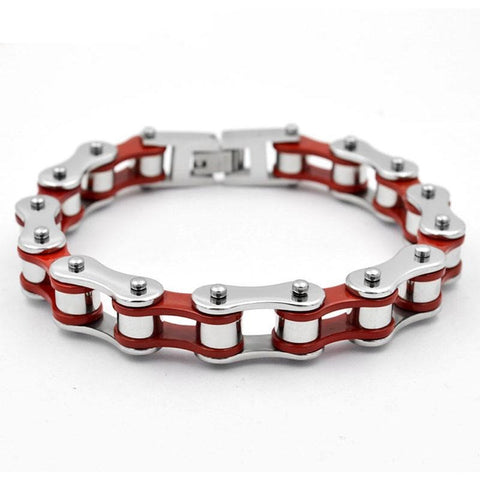 Bracelet Motard Chaine de Moto en Acier Gris et Rouge 24cm