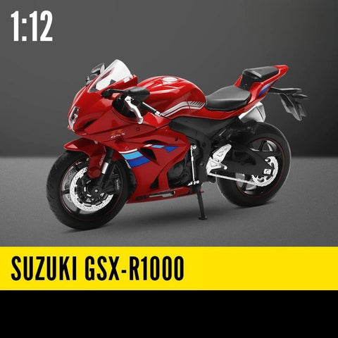 Moto Miniature 1:12<br> SUZUKI GSX-R1000 Rouge<br> à Bandes Bleues - Antre du Motard