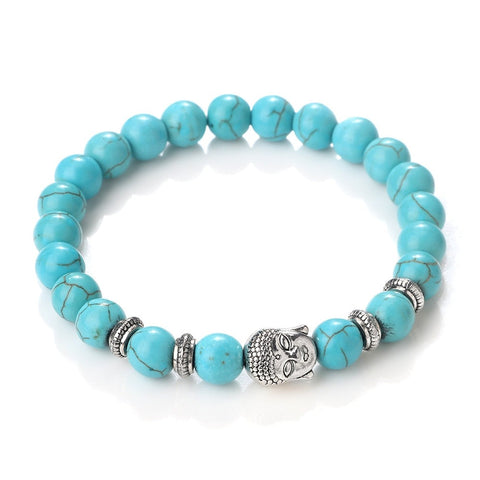 Bracelet Motard<br> Perles Bleues<br> et Tête Bouddha 21cm