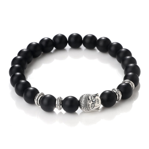 Bracelet Motard<br> Pierre Noire Mate<br> et Tête Bouddha 21cm