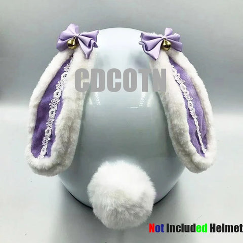 Décoration Casque Moto Oreille de Lapin avec Petit Noeud Violet & Clochette