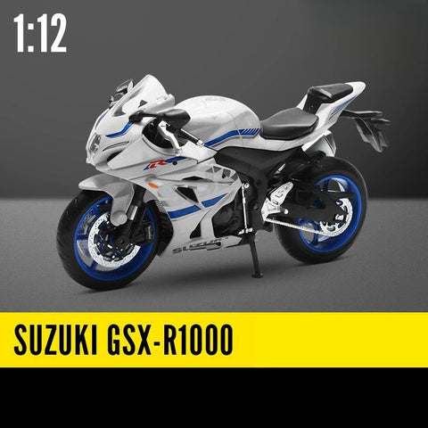 Moto Miniature 1:12<br> SUZUKI GSX-R1000 Blanc<br> à Jantes Bleues - Antre du Motard