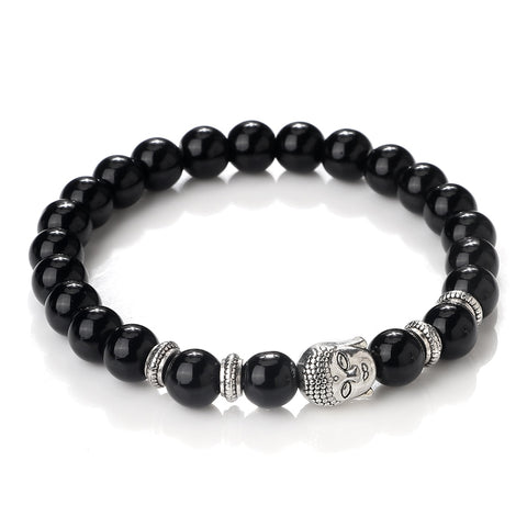 Bracelet Motard Perles Noires et Tête Bouddha 21cm