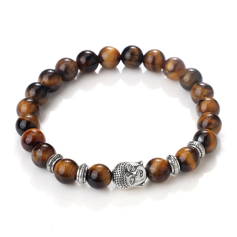 Bracelet Motard Pierres d'Oeil du Tigre et Tête Bouddha 21cm