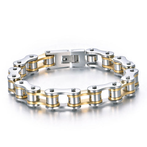 Bracelet Motard<br> Chaine de Moto en Acier<br> Gris et Or (Doré) 24cm