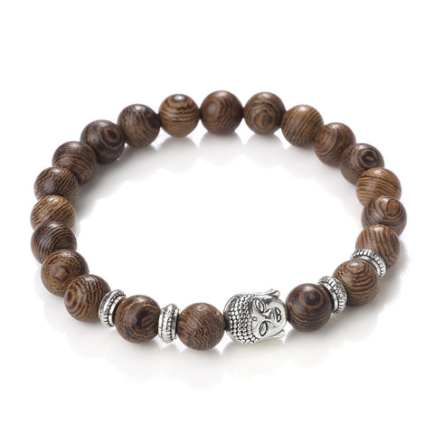 Bracelet Motard<br> Perles de Bois<br> et Tête Bouddha 21cm