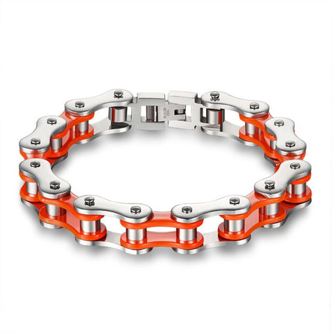 Bracelet Motard<br> Chaine de Moto en Acier<br> Gris et Orange 24cm