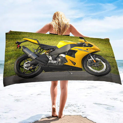 Serviette de Plage Moto<br> Sportive Jaune Racing 150x260cm