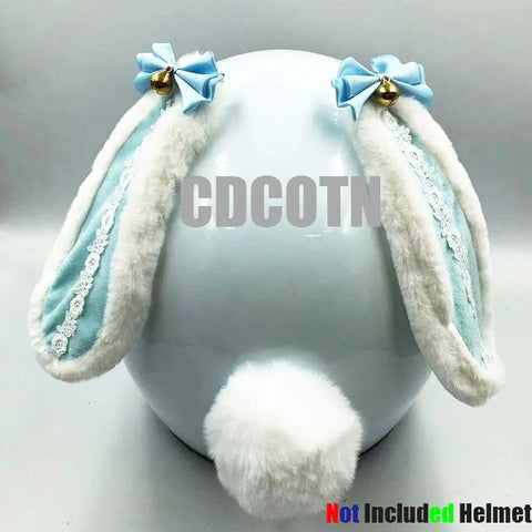 Décoration Casque Moto<br> Oreille de Lapin<br> avec Petit Noeud Bleu Clair & Clochette