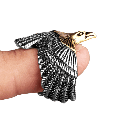 Bague Biker<br> Oie Sauvage avec touche Dorée (Acier)