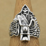 Bague Biker Squelette Démon en Moto (en Argent)