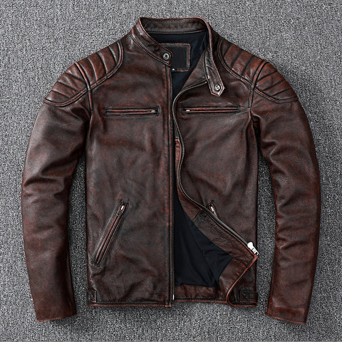 Blouson Biker Vintage en Cuir Véritable 6XL 93-99kgs