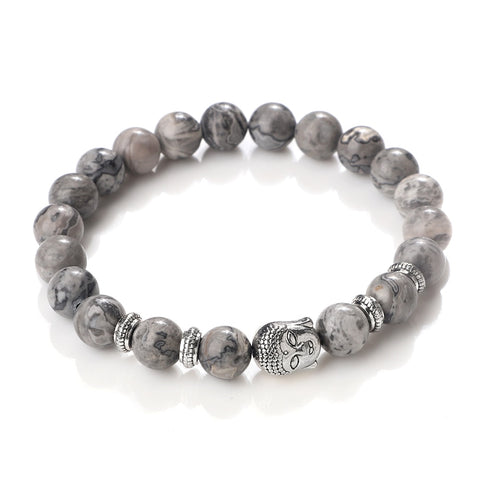 Bracelet Motard<br> Perles Picasso<br> et Tête Bouddha 21cm