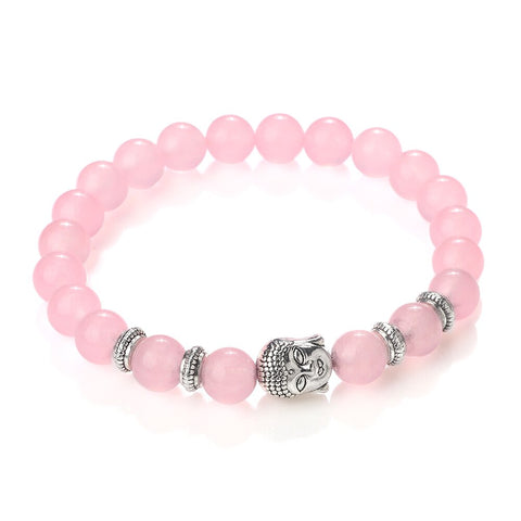 Bracelet Motard Perles Roses et Tête Bouddha 21cm