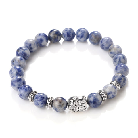 Bracelet Motard<br> Perles Blanches et Bleues<br> et Tête Bouddha - Antre du Motard