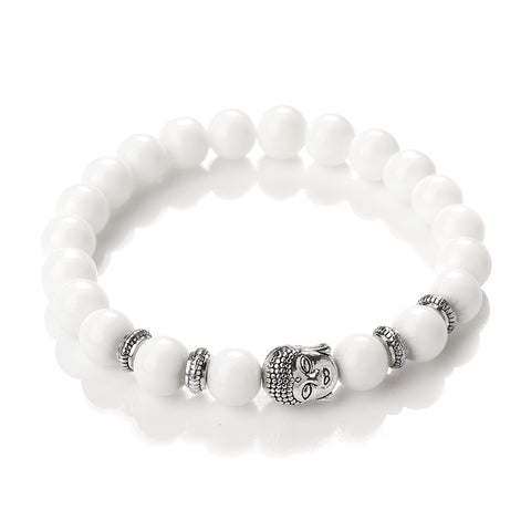 Bracelet Motard<br> Pierre Porcelaine Blanche<br> et Tête Bouddha - Antre du Motard