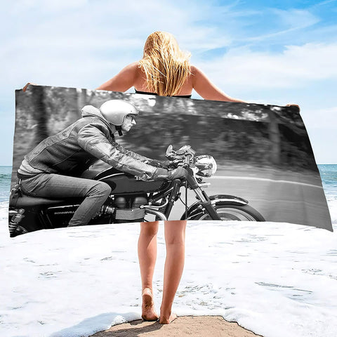 Serviette de Plage Moto<br> Vintage en Noir et Blanc 150x260cm